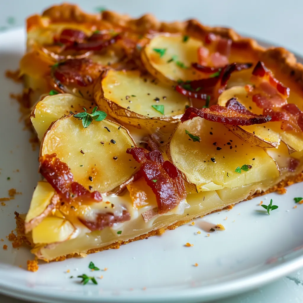 Délicieuse tarte rustique pommes de terre lardons dorés