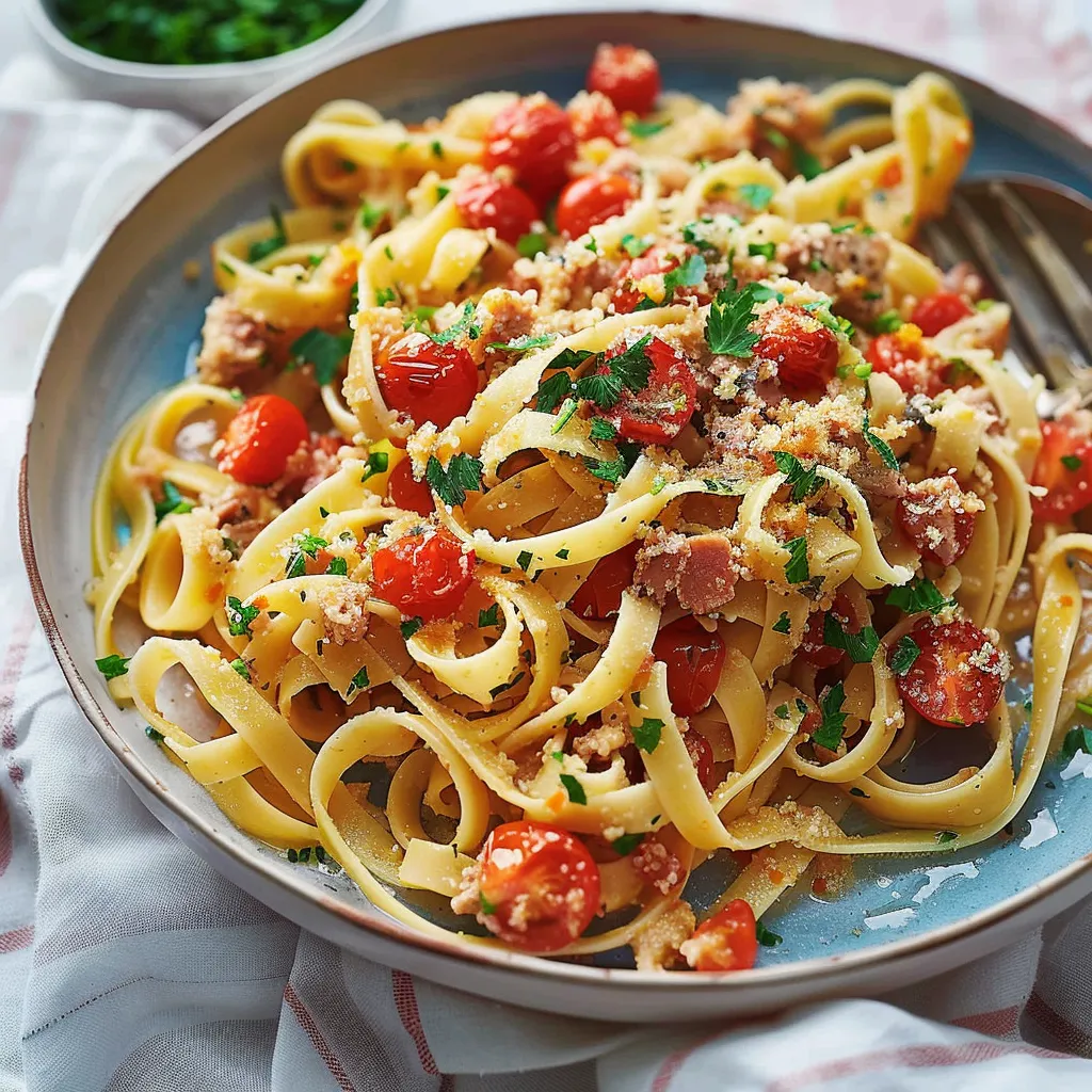Fettuccines au thon, tomates cerises et anchois