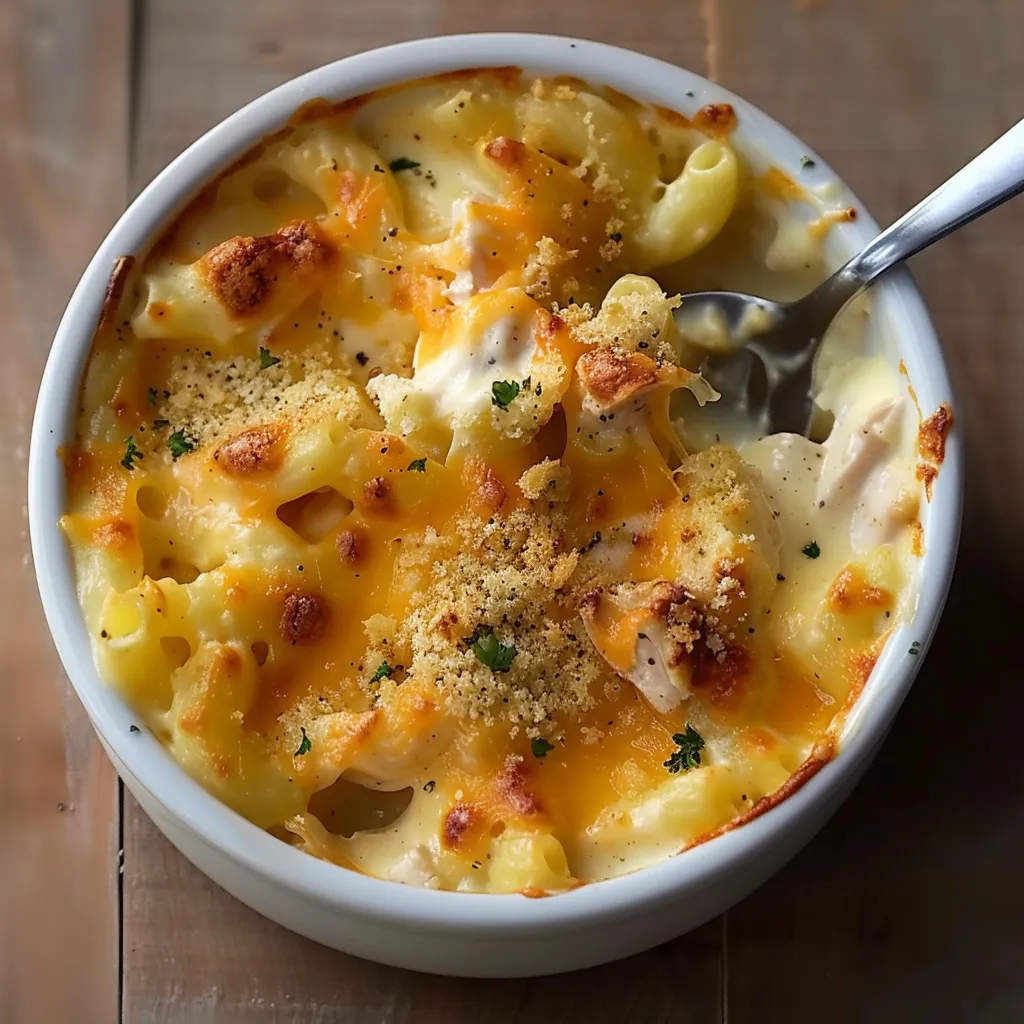 Gratin de macaronis au poulet, fondant et doré
