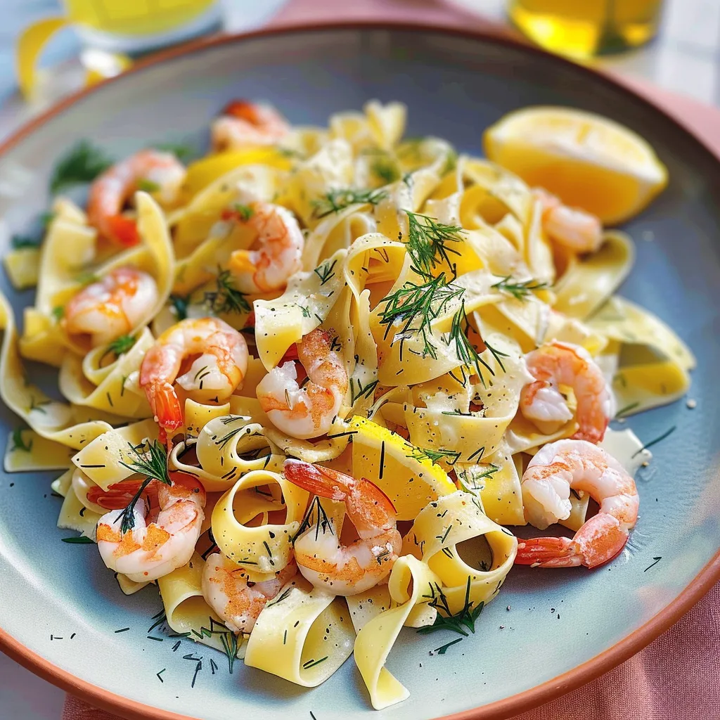 Pappardelle citron aneth crevettes grises