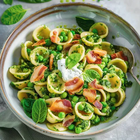 Pâtes pois menthe pancetta