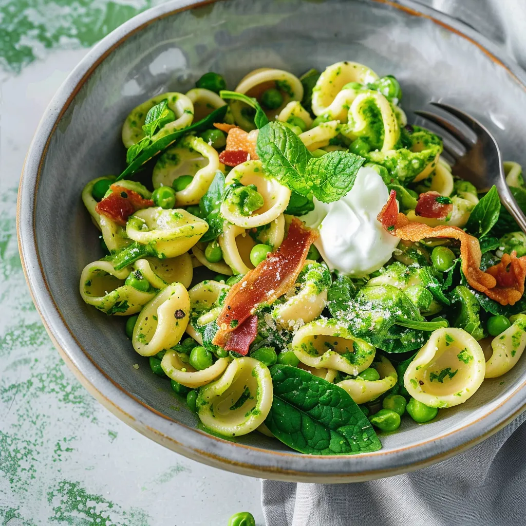 Orecchiettes petits pois et pancetta croustillante