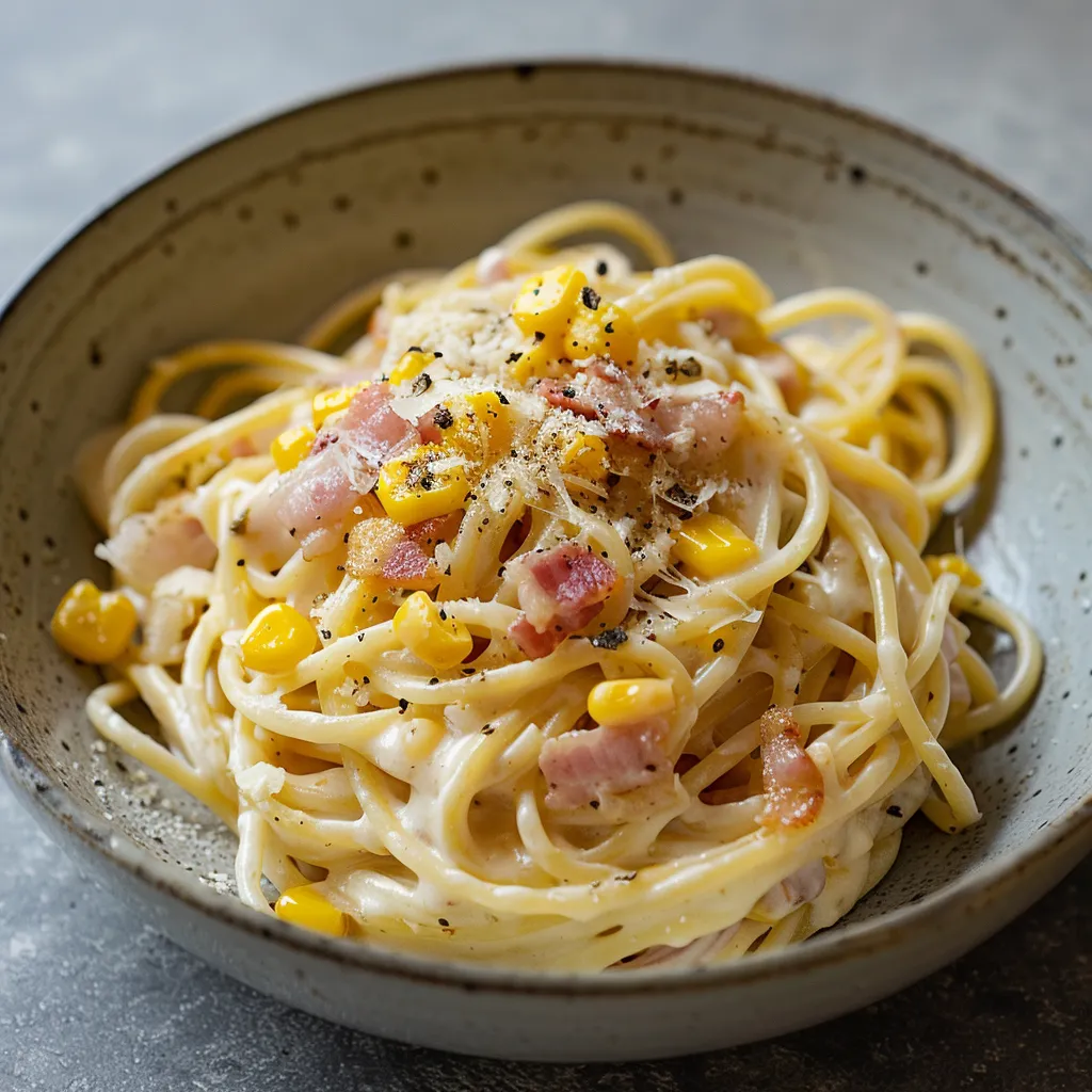 Spaghettonis ultra crémeux au maïs et bacon doré