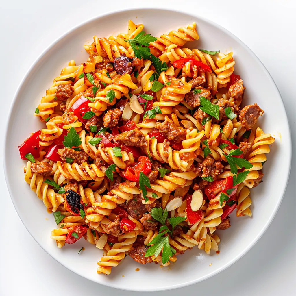 Pâtes au chorizo avec sauce romesco