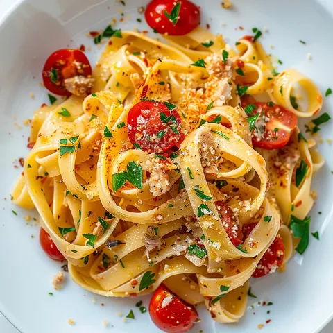 Anchois thon et tomates fettuccines