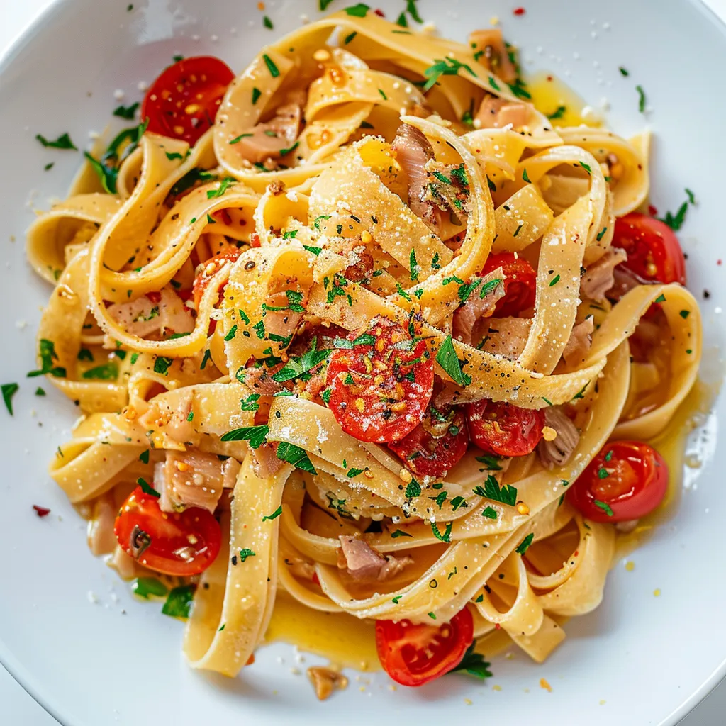 Délicieuses fettuccines au thon, anchois et tomates cerises