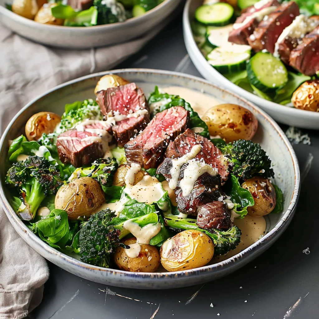 Délicieuse salade brocoli et bœuf grillé sauce parmesan crémeuse