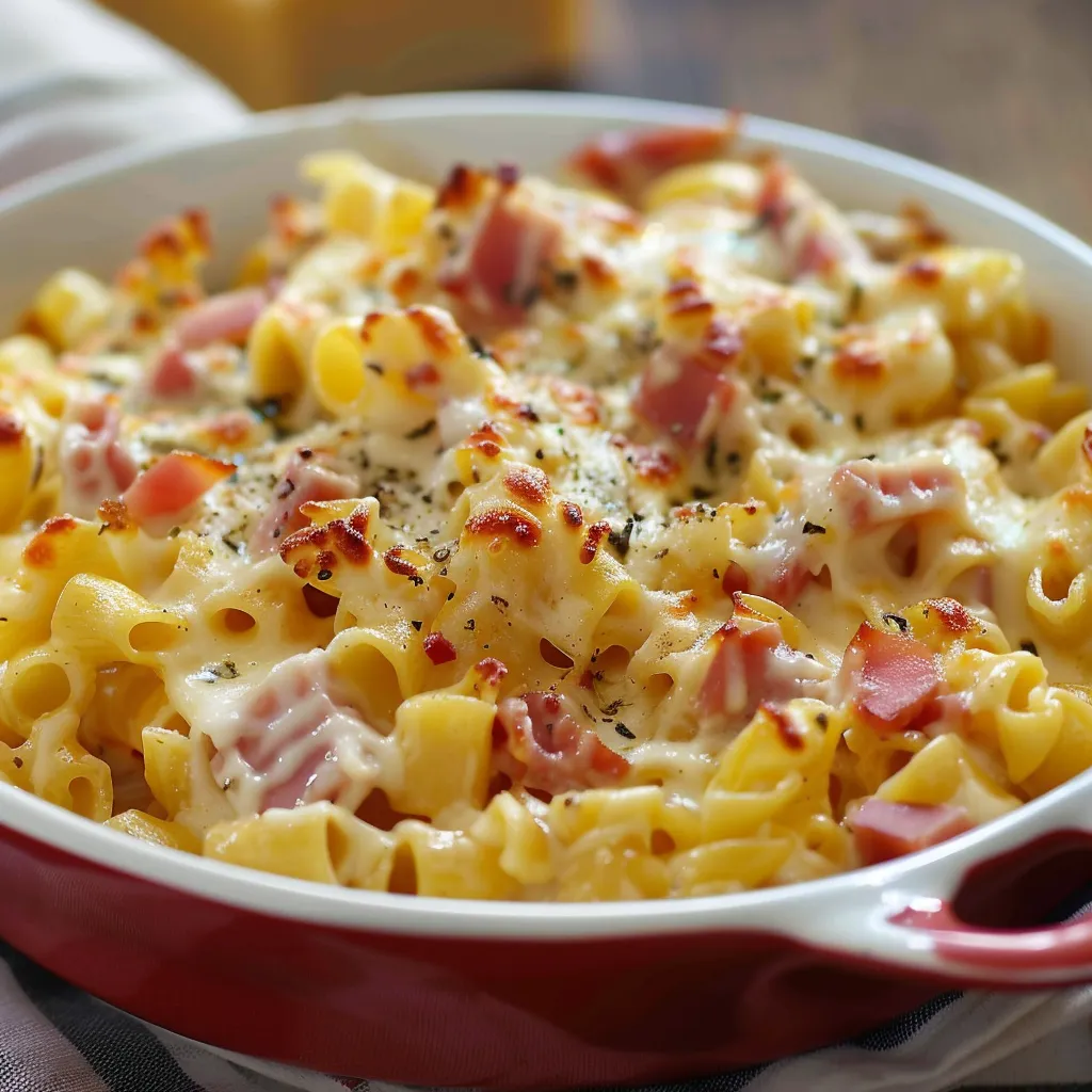 Plat gourmand de pâtes jambon et fromage