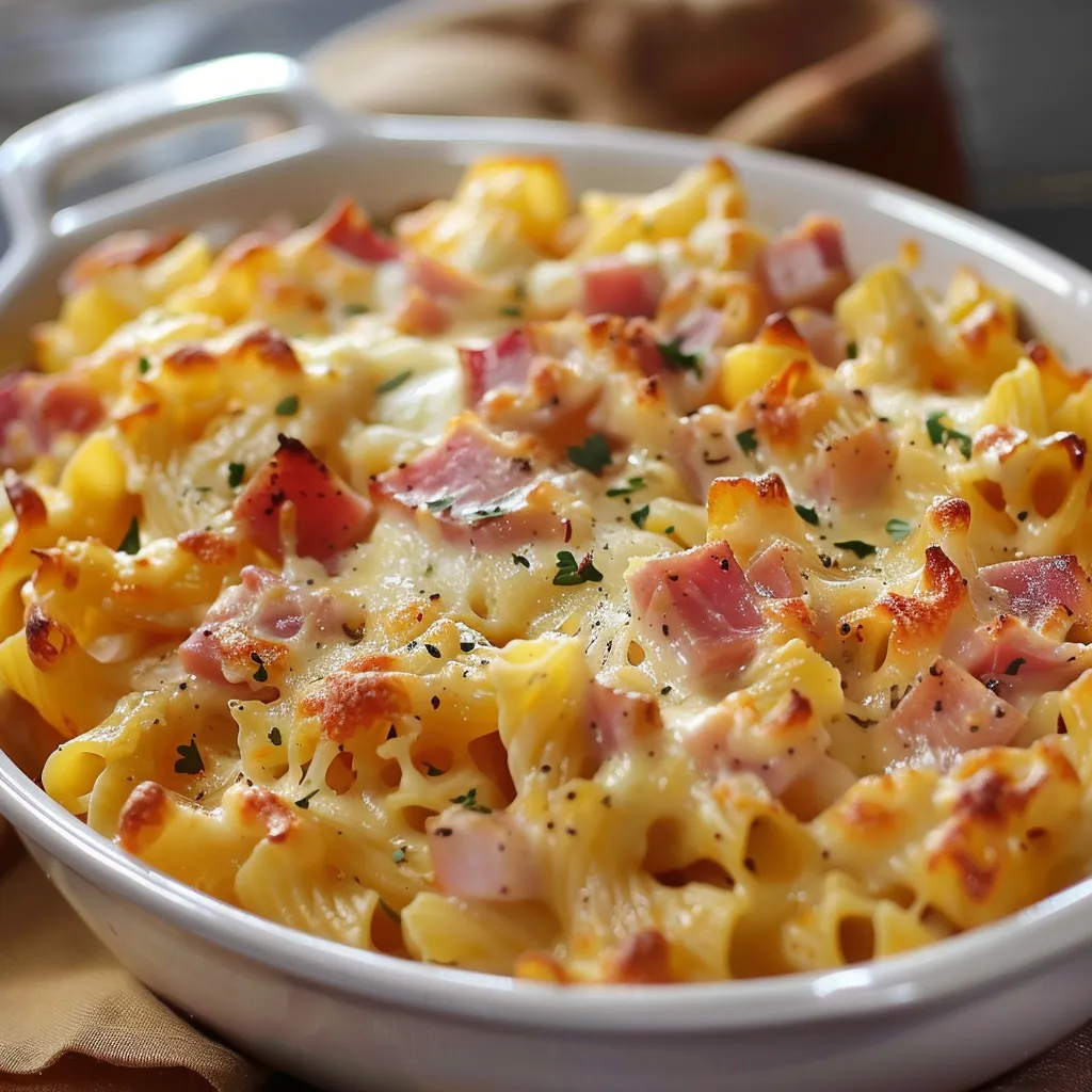 Gratin de pâtes fondant au jambon et fromage