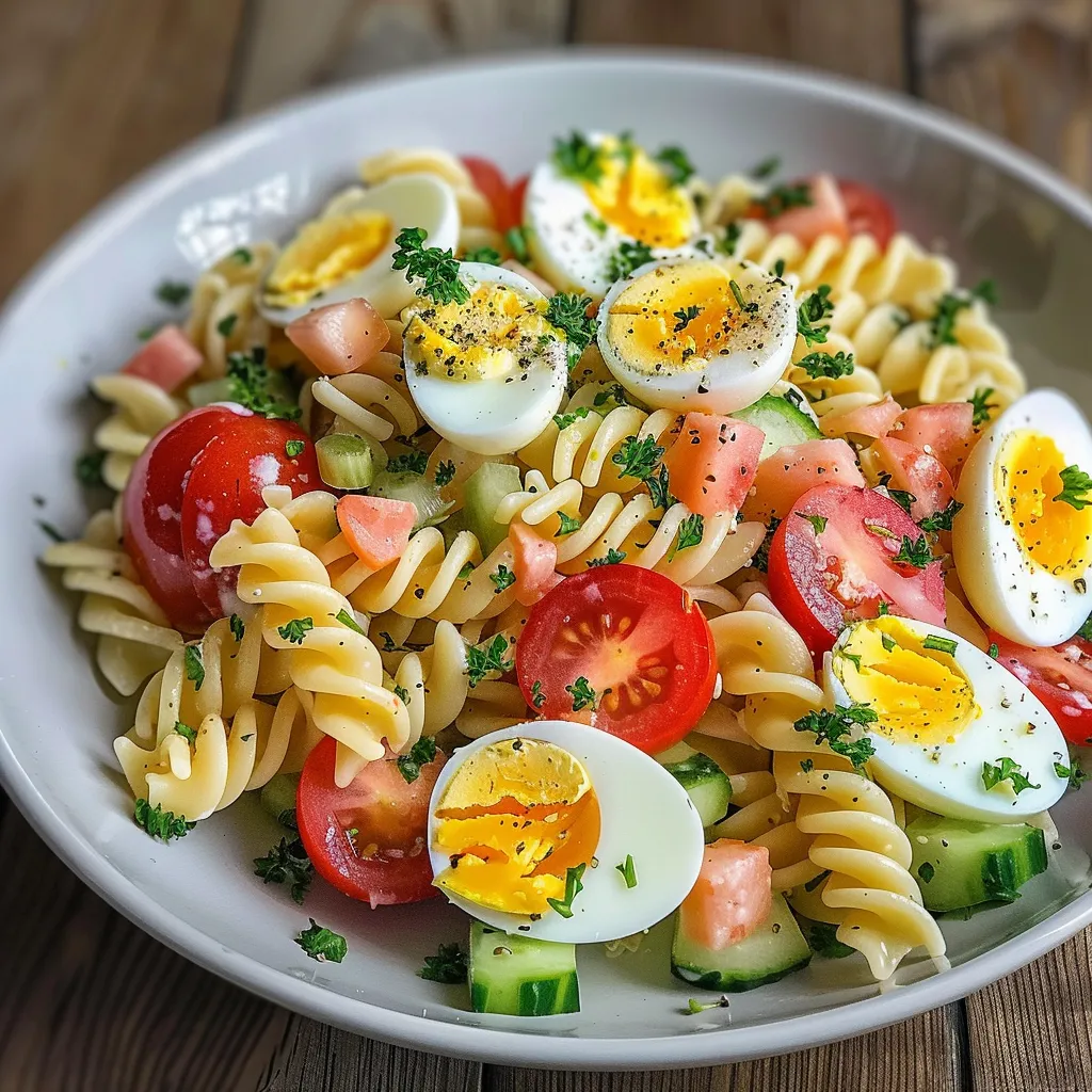 Salade de pâtes au surimi et œufs durs pleine de fraîcheur