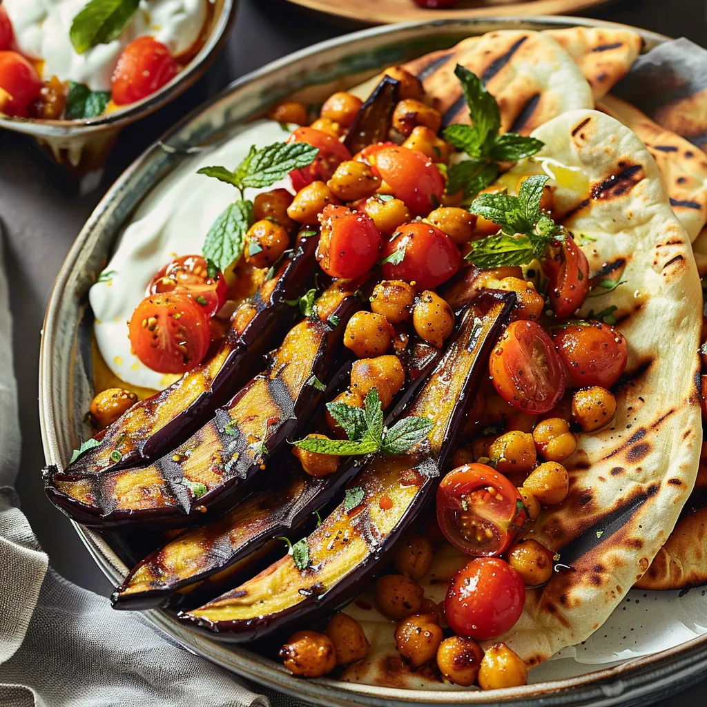 Aubergines grillées  pois chiches au curry