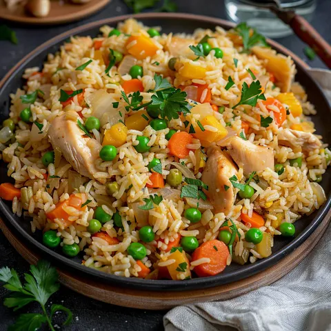 Plat mijoté de riz au poulet et légumes