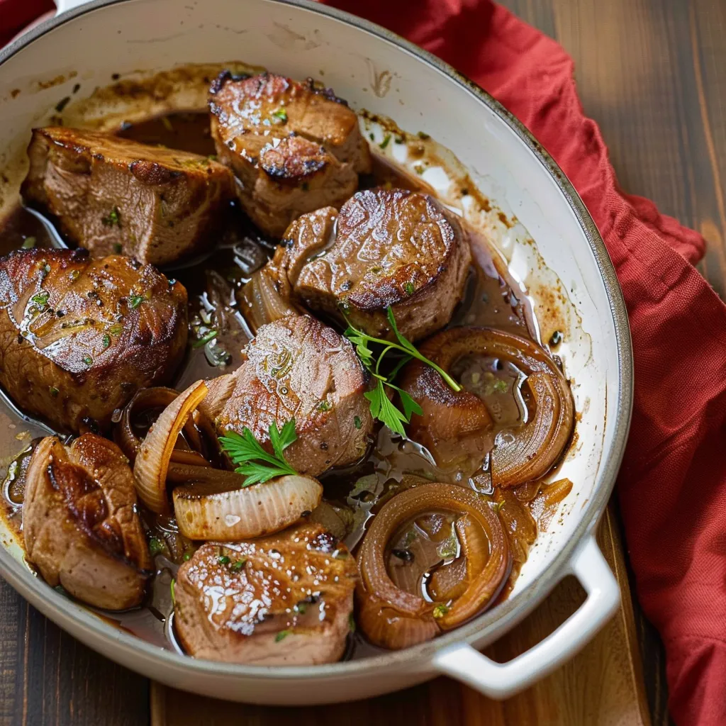 Porc mignon caramélisé aux oignons