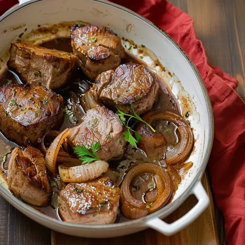Porc mignon caramélisé aux oignons