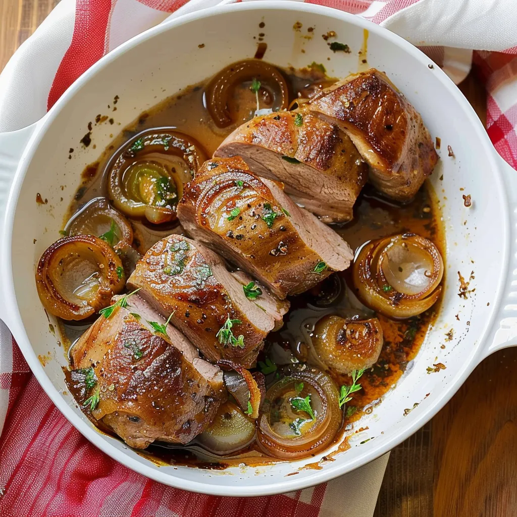 Filet mignon de porc et oignons dorés