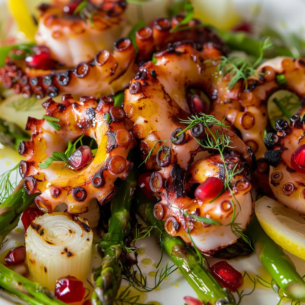 Fenouil croquant, asperges grillées et pieuvre en salade