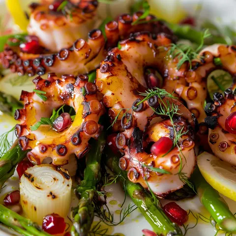 Fenouil croquant, asperges grillées et pieuvre en salade