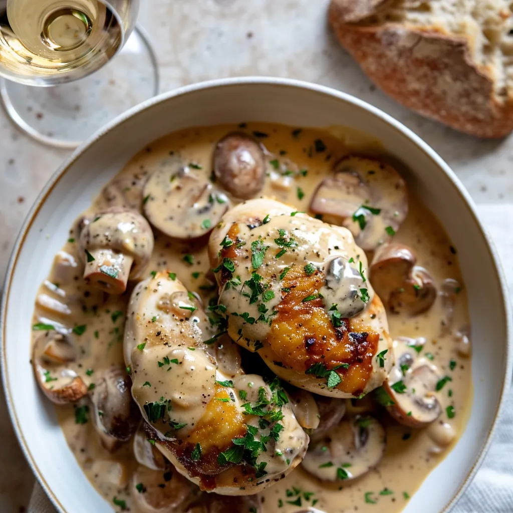 Poulet tendre aux champignons et crème
