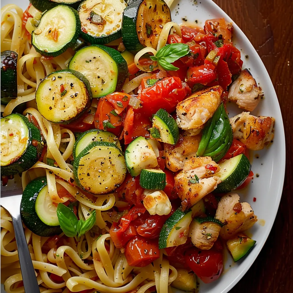 Poulet, courgettes et pâtes
