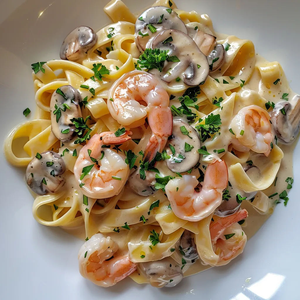 Tagliatelles crevettes champignons frais