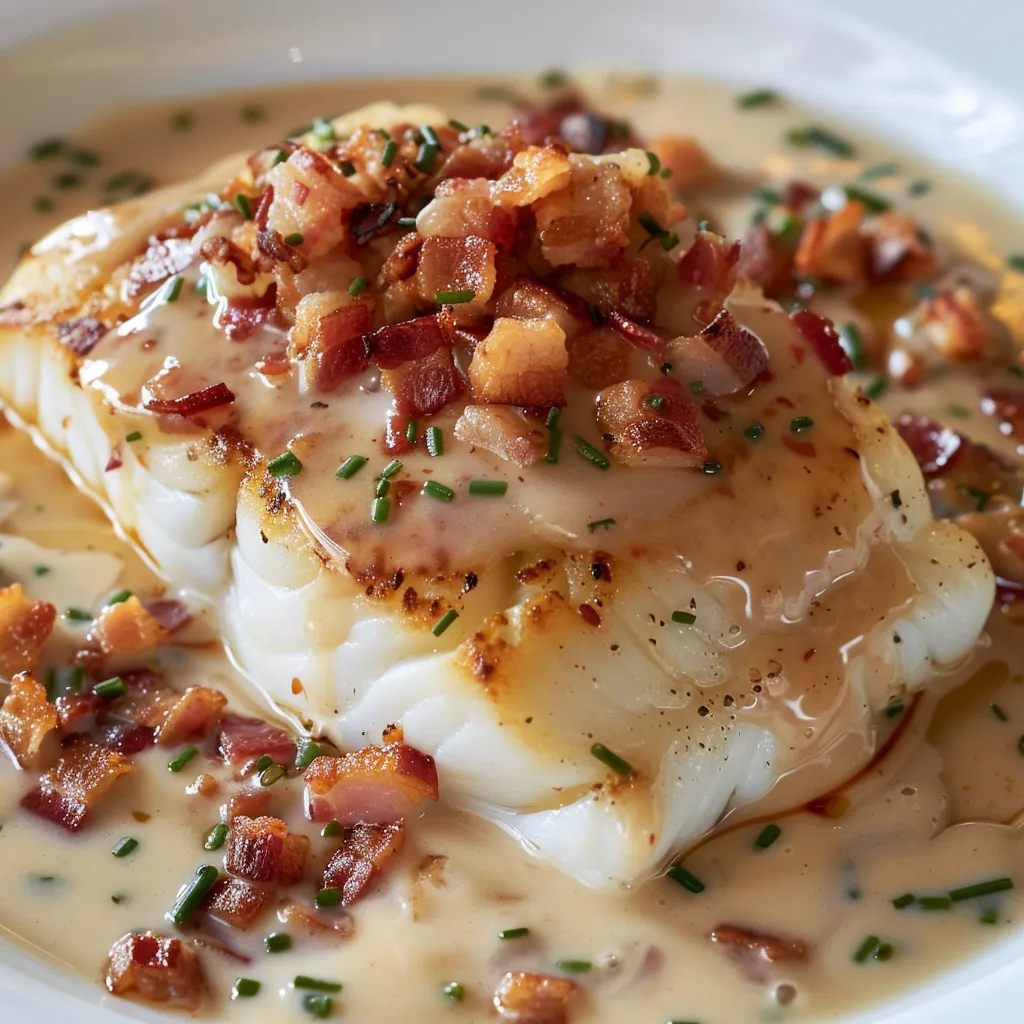 Cabillaud en sauce lardons crémeuse, plat facile et gourmand