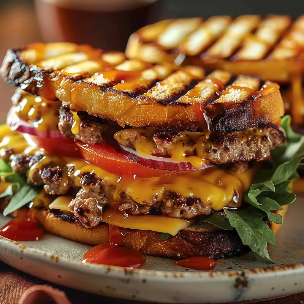 Panini burger bien croustillant et cheddar coulant