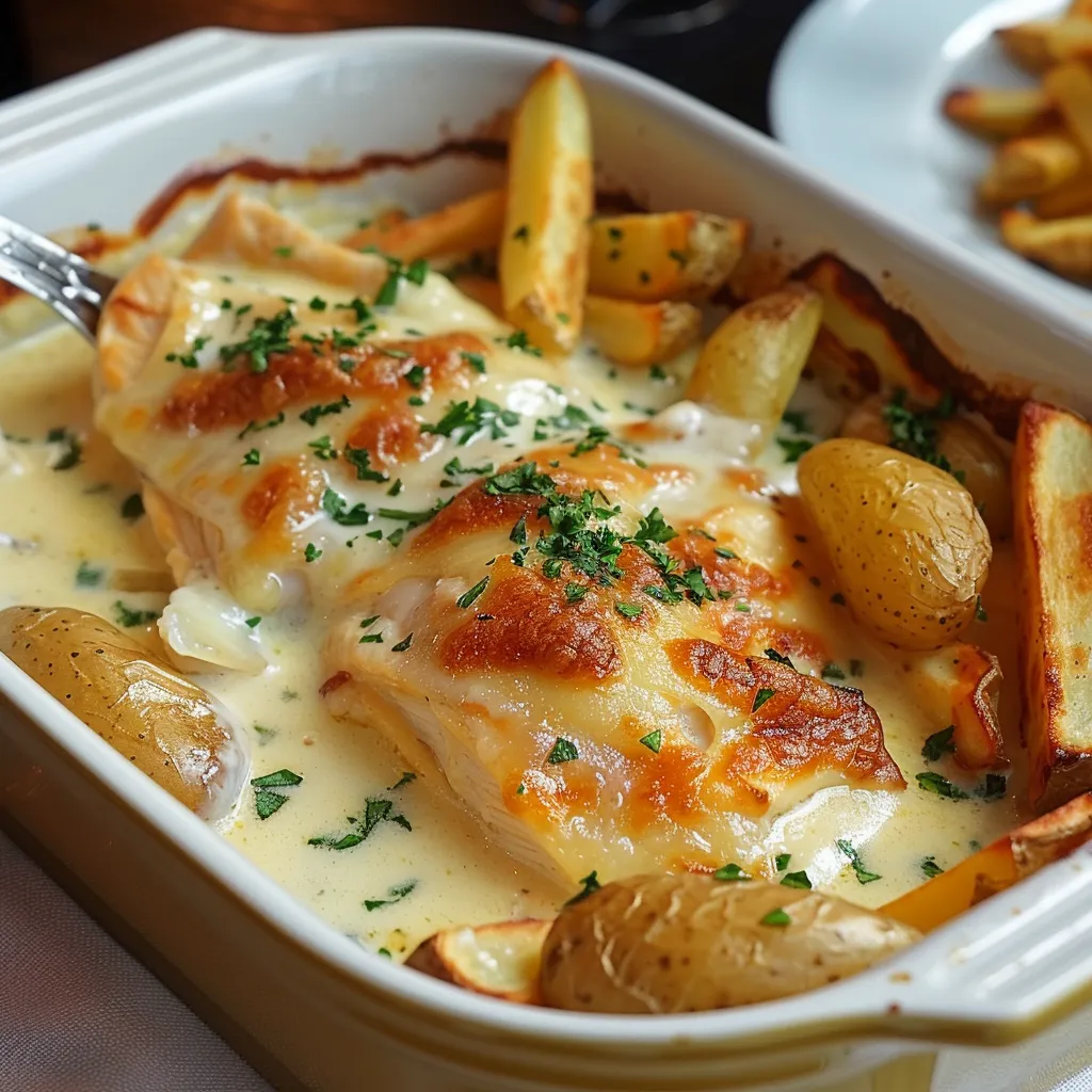 Poulet, maroilles et frites croustillantes en cassolettes