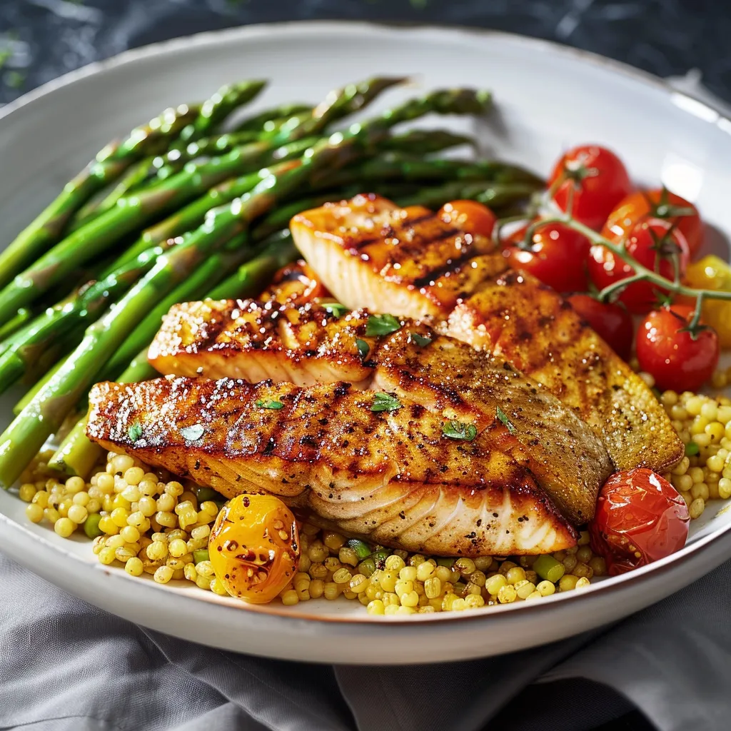 Truite grillée savoureuse, boulgour et légumes