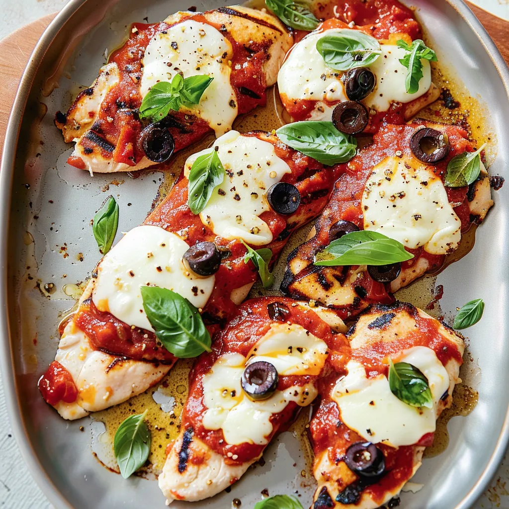 Blancs de poulet grillés, sauce tomate et mozzarella fondue