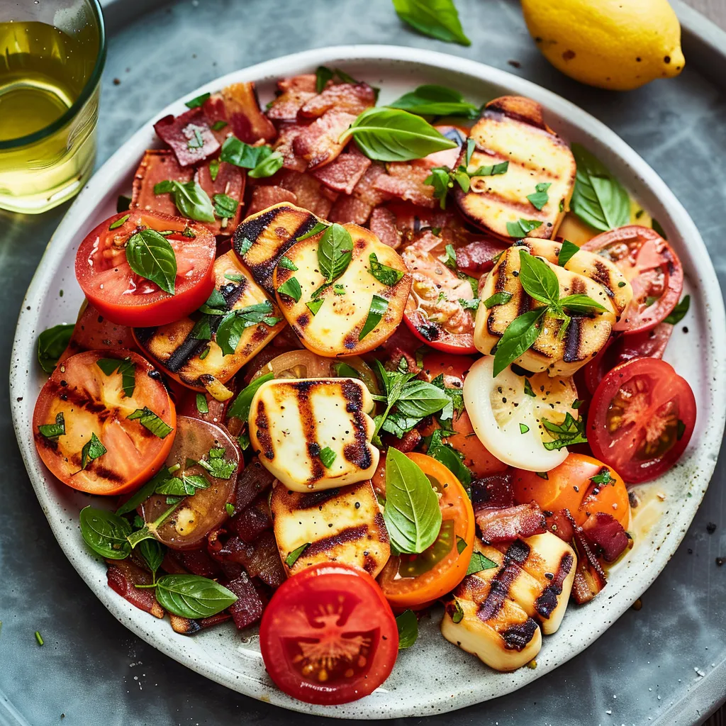 Salade tomates bacon halloumi grillés