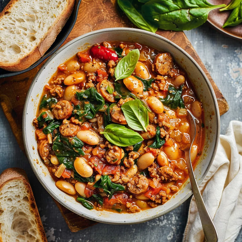 Délicieux haricots crémeux aux saucisses avec épinards et basilic frais