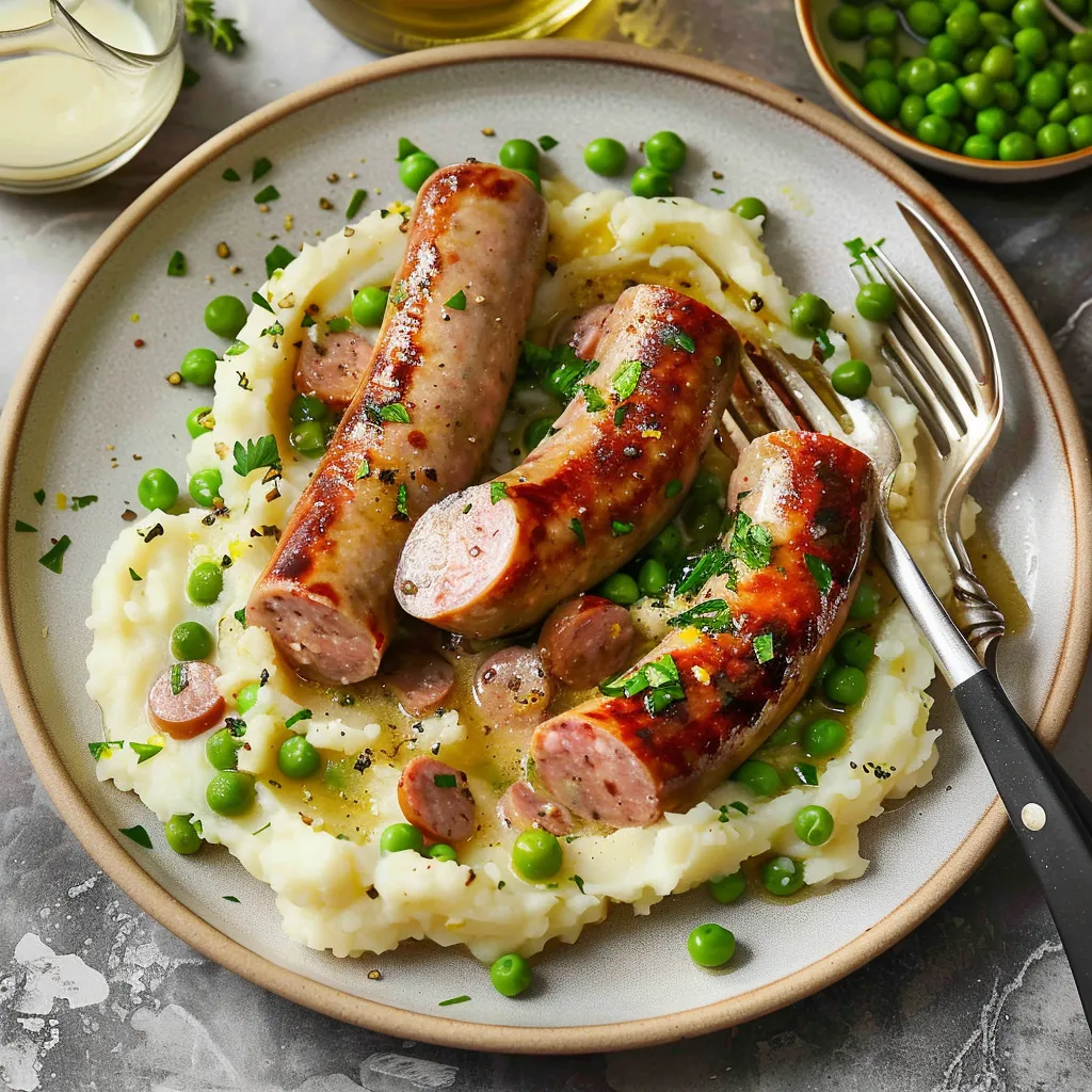 Purée pommes de terre saucisse petits pois