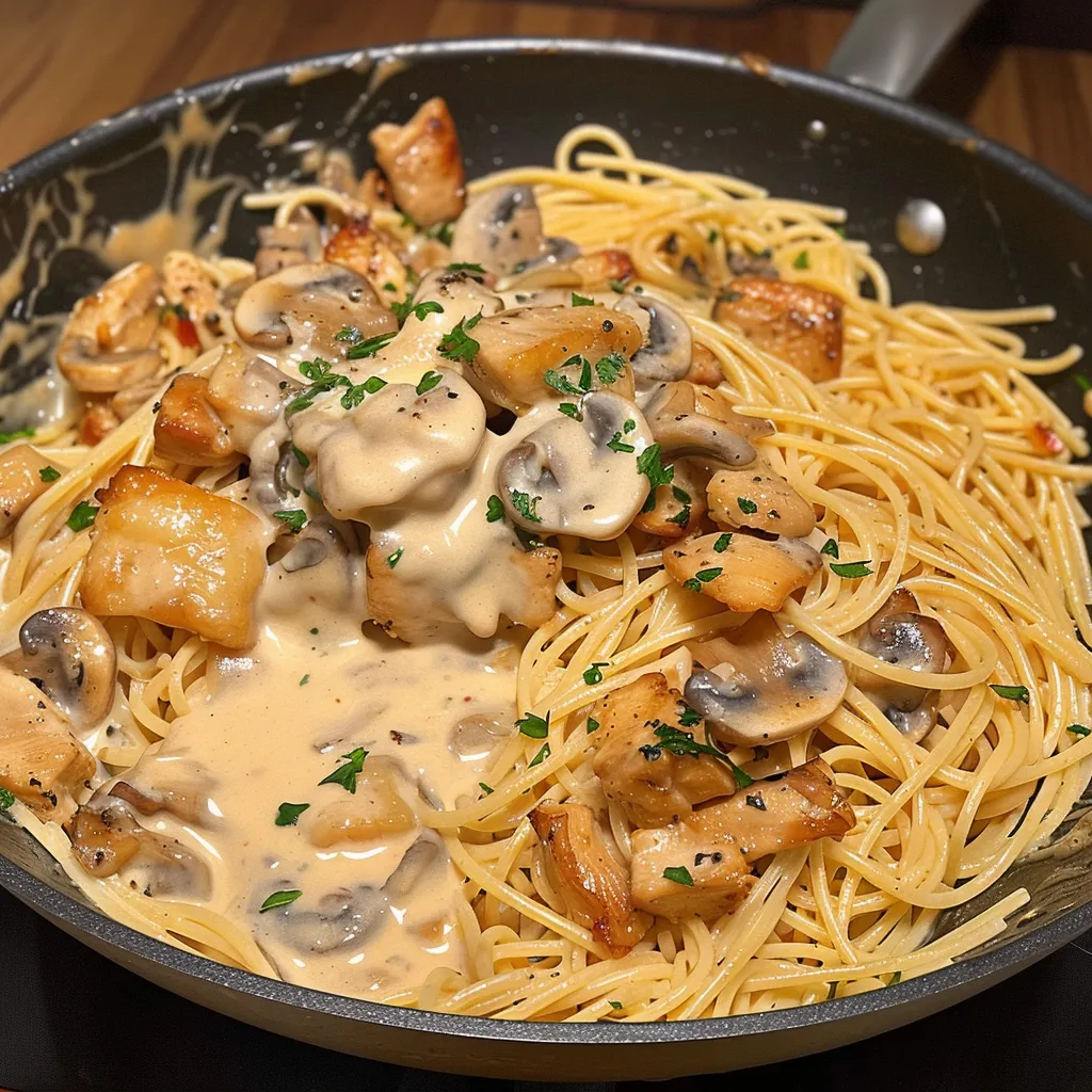 Spaghettis crémeux au poulet et champignons