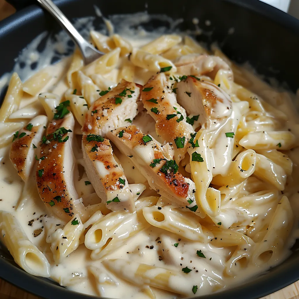 Savourez ces pâtes au poulet nappées de sauce Alfredo bien crémeuse