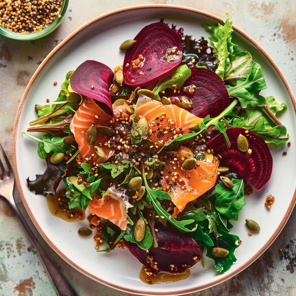 Salade de betteraves avec croquant et vinaigrette