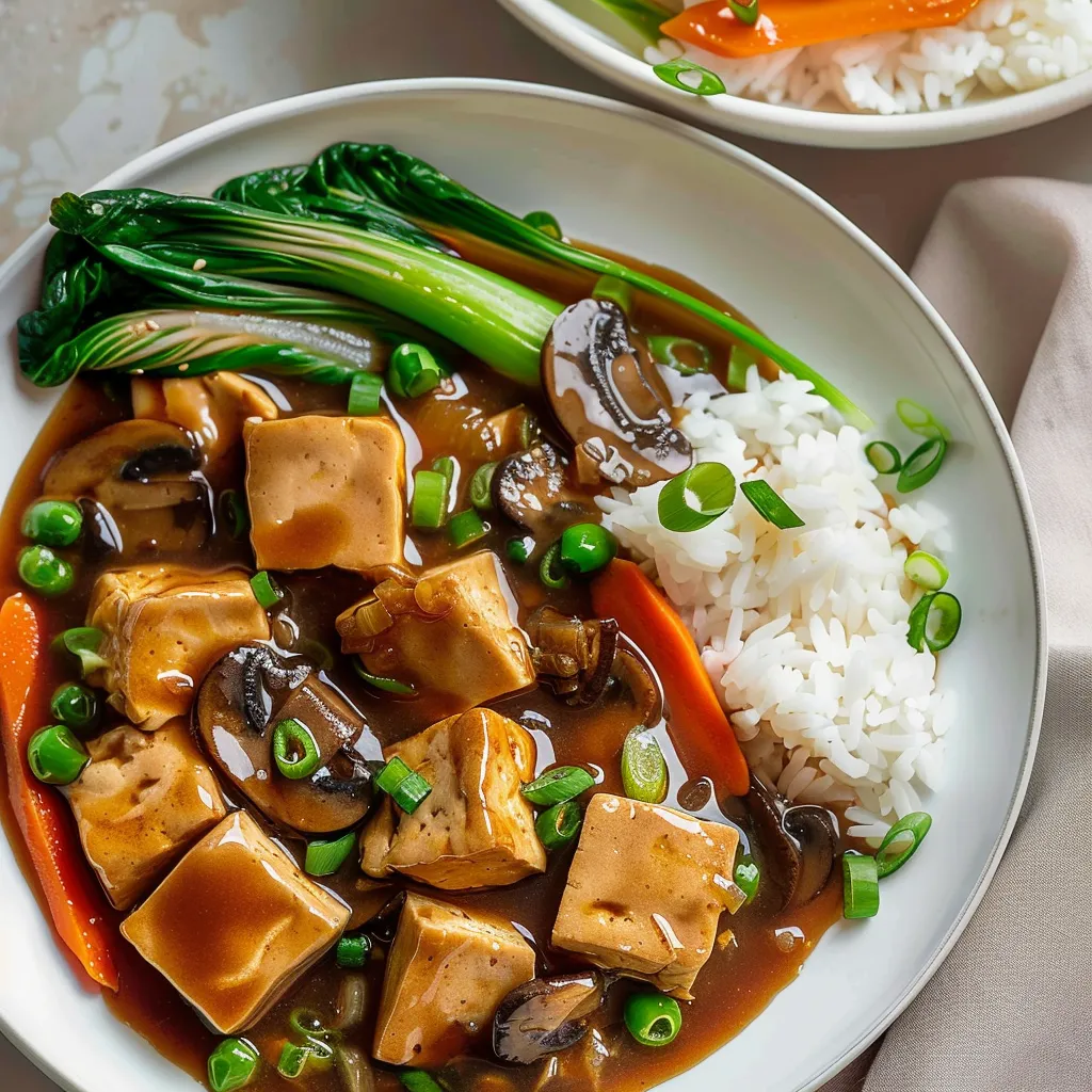 Délicieux mijoté tofu champignons et légumes variés