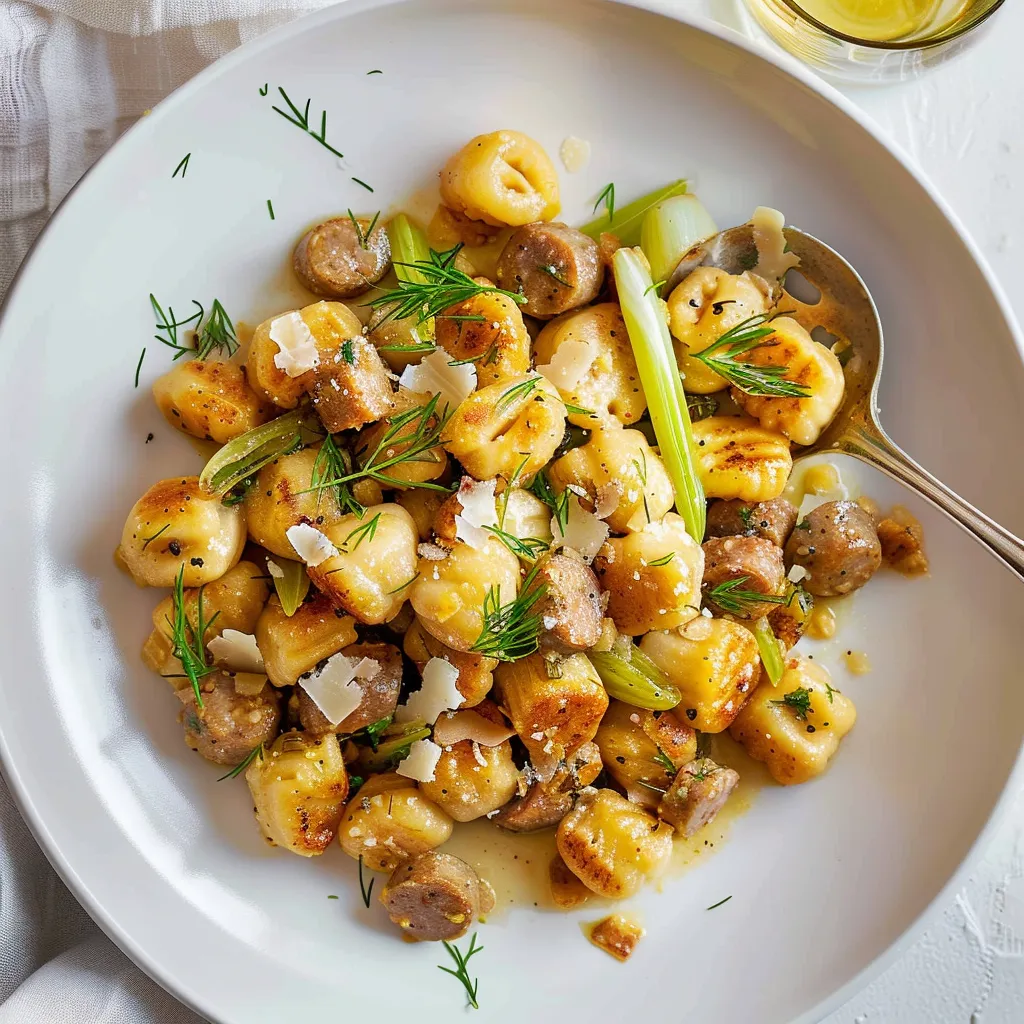 Saucisse et poireaux avec gnocchis