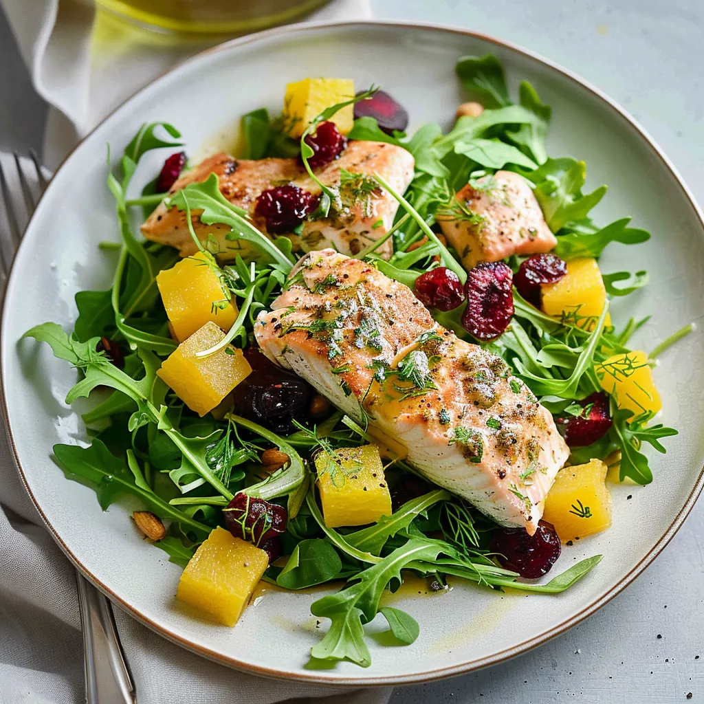 Salade roquette, truite et betteraves jaunes pleine de pep’s