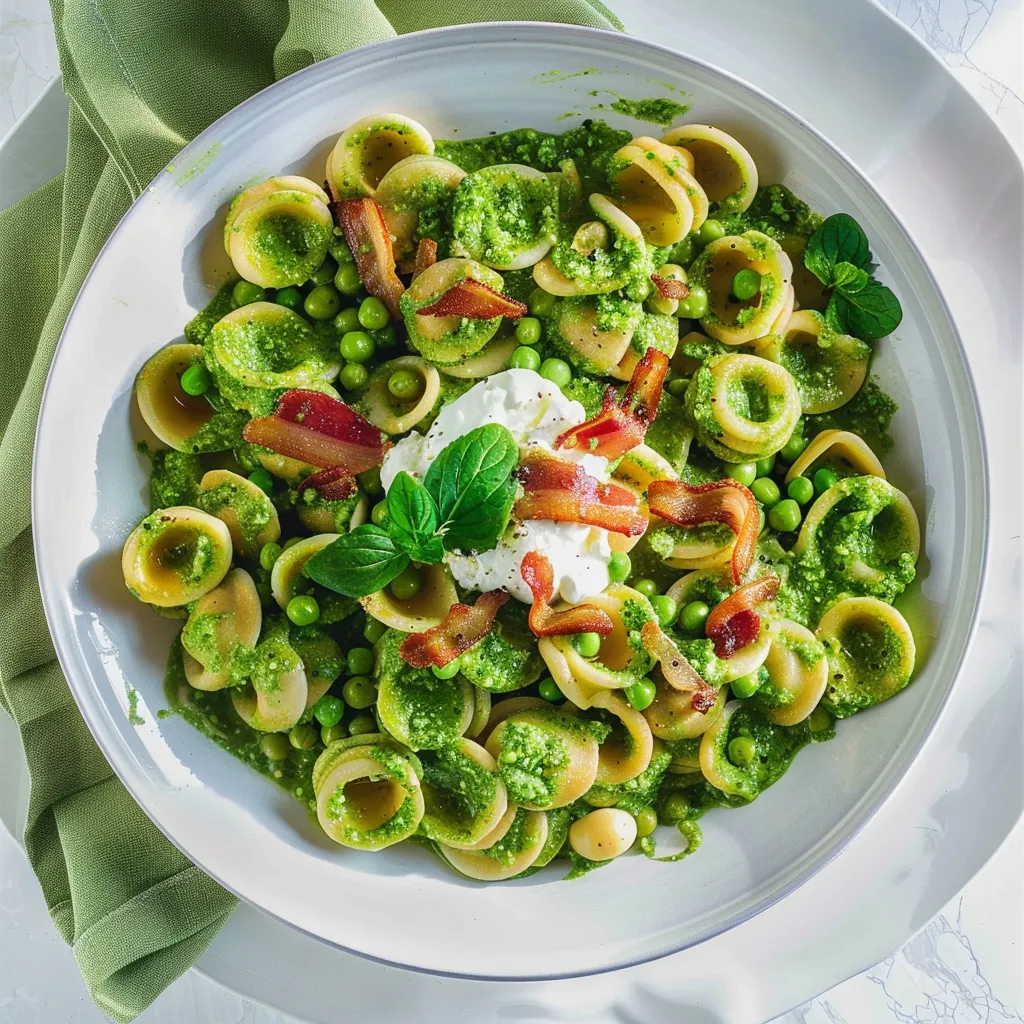 Orecchiettes, petits pois, labneh et pancetta dorée