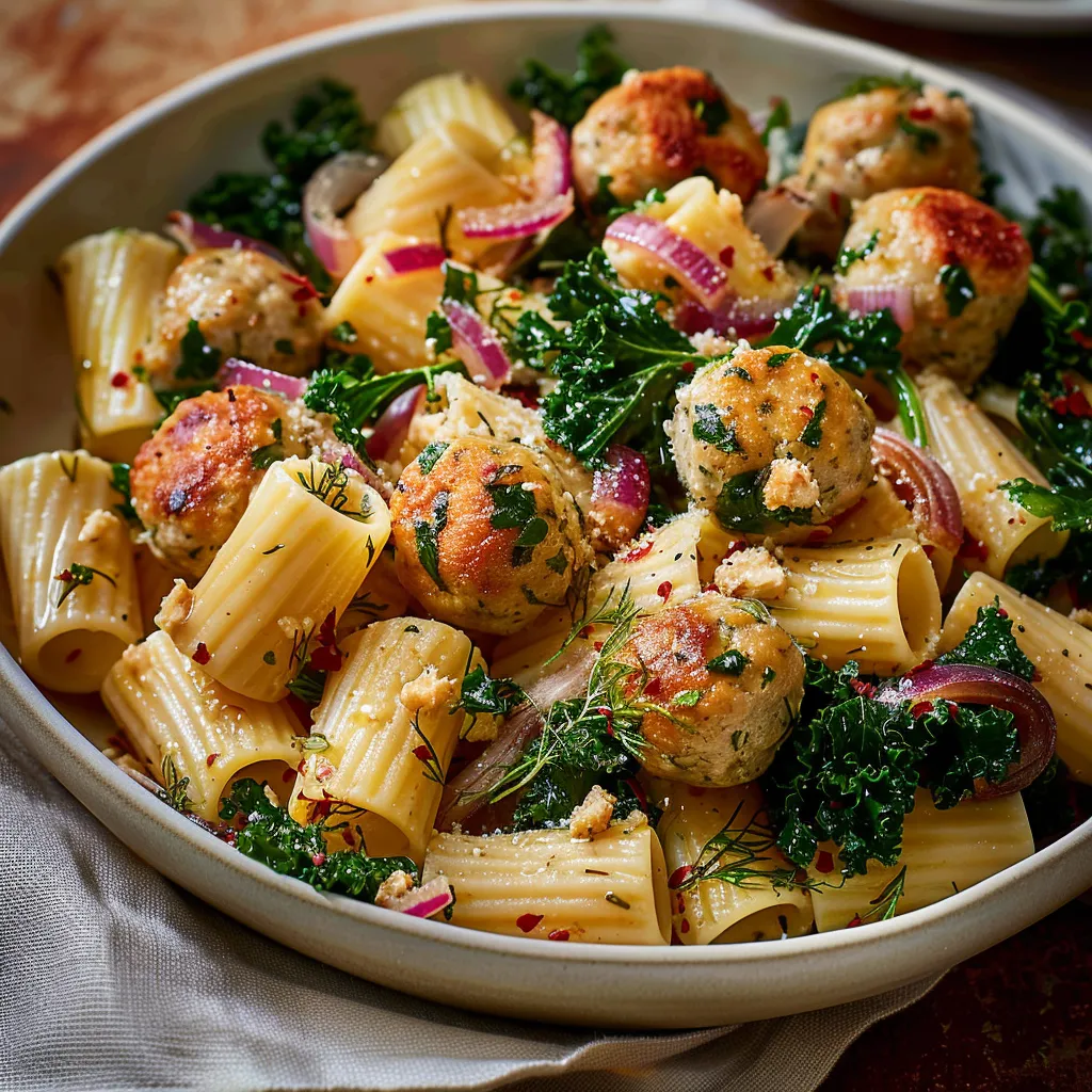 Rigatonis crémeux avec boulettes et aneth