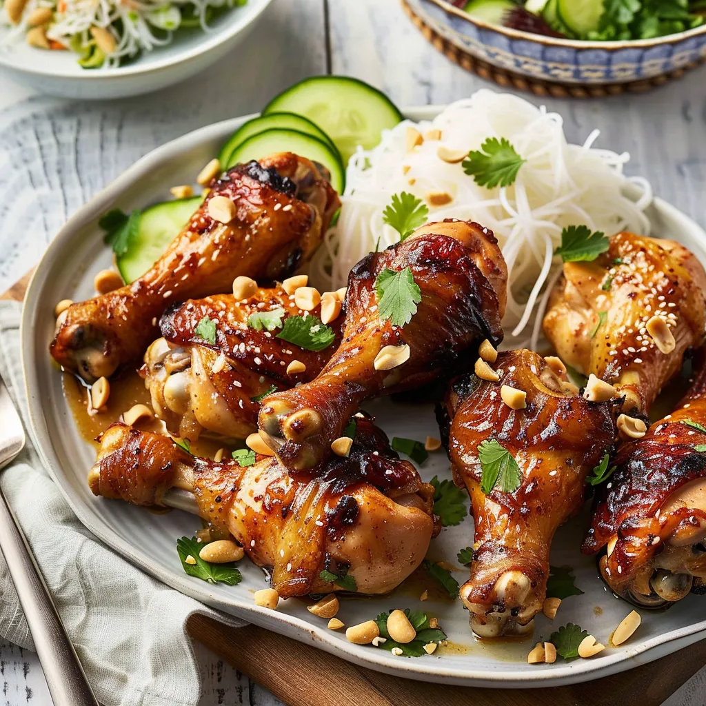 Pilons de poulet dorés, sauce satay onctueuse