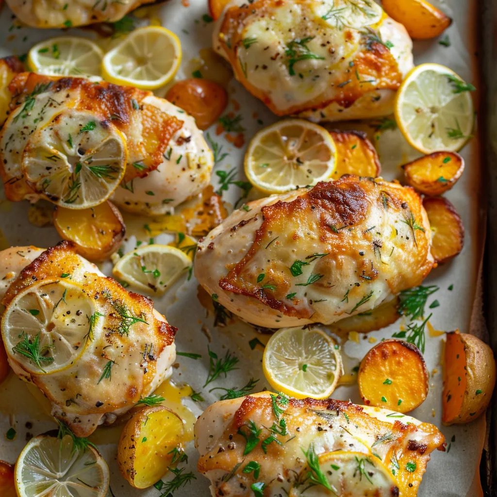 Poulet au fromage romano, citron, pommes de terre et courge sur plaque