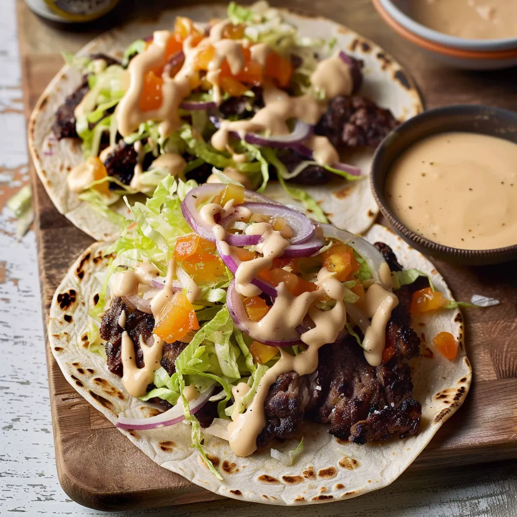 Tacos garnis viande, fromage et sauce maison
