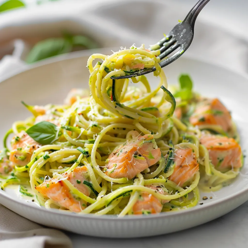 Plat de pâtes au saumon avec courgettes