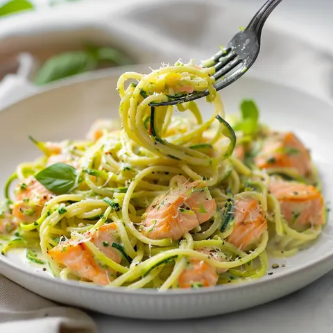 Plat de pâtes au saumon avec courgettes