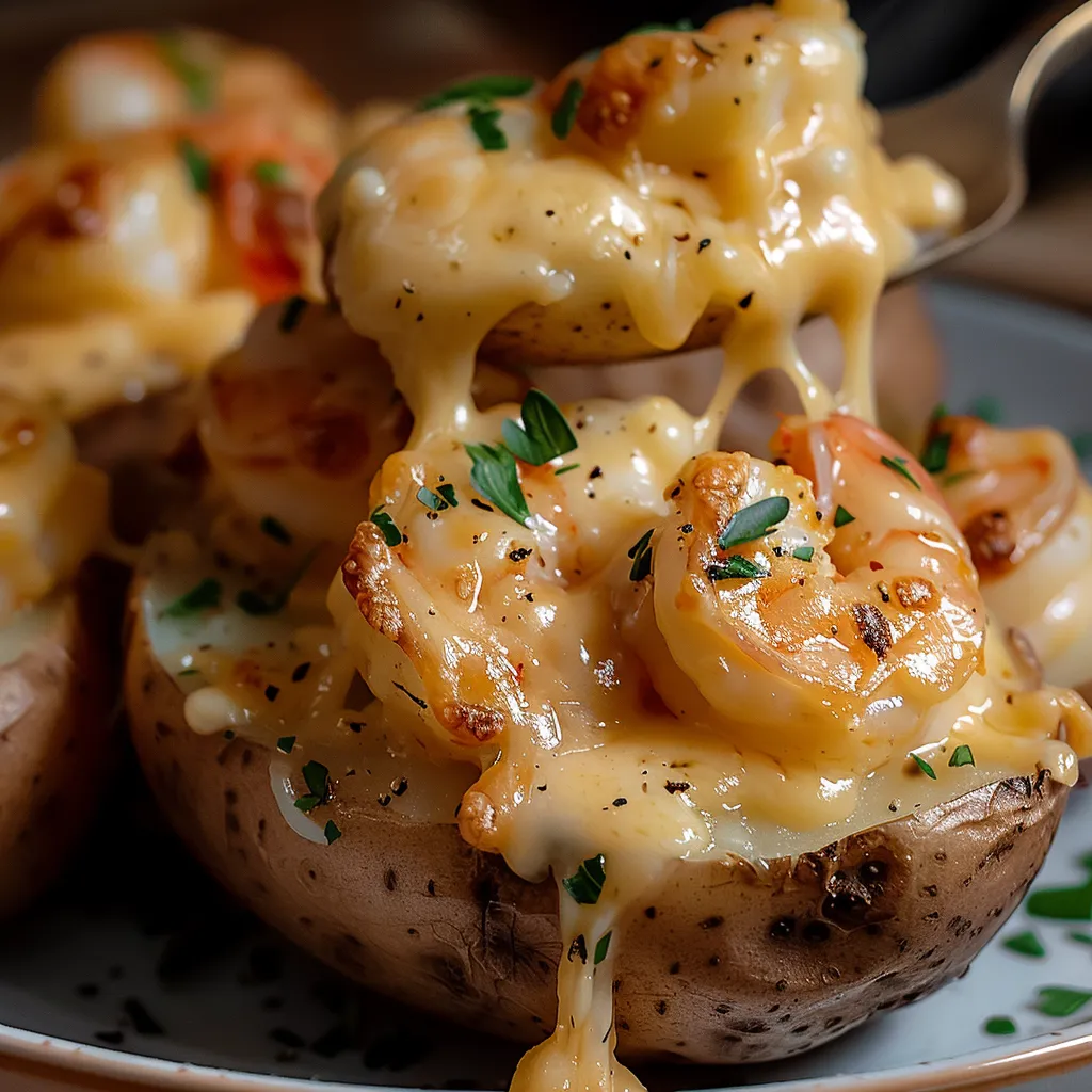 Pommes de terre au four et crevettes, fondantes et dorées