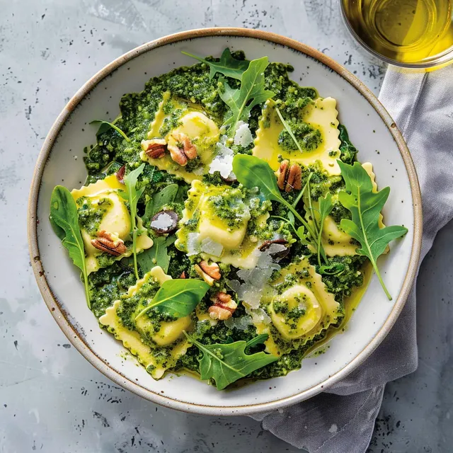 Délicieux raviolis pesto kale