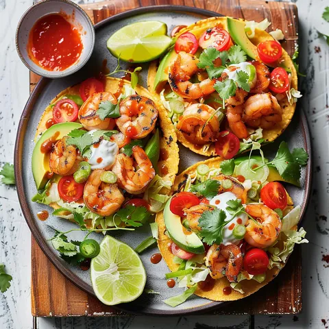 Crevettes grillées et tomates fraîches