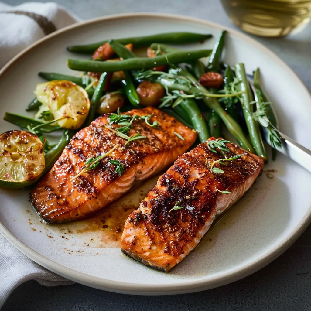 Saumon peau croustillante et salade tiède de haricots verts en friteuse à air