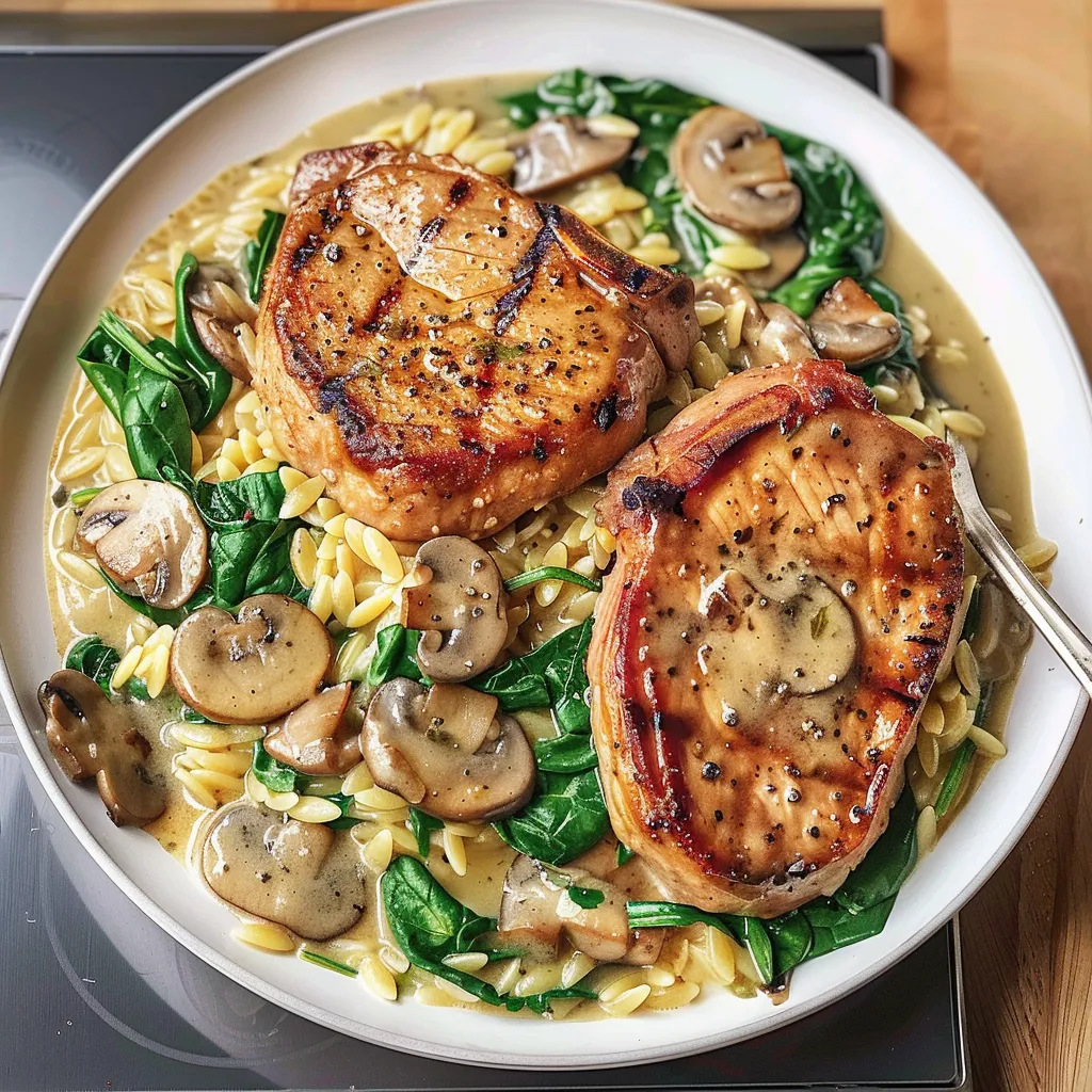 Côtelettes de porc orzo champignons